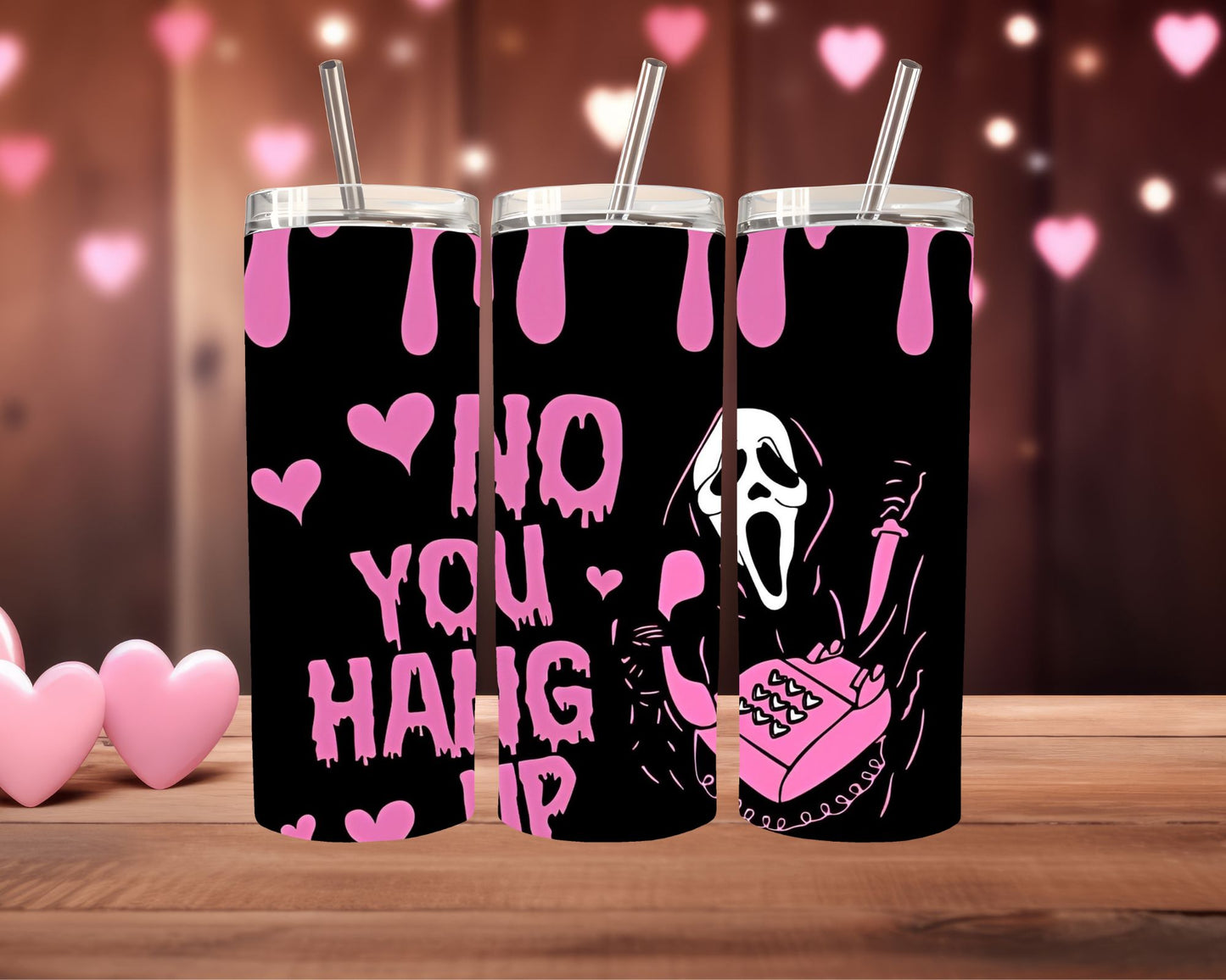Black Ghostface tumbler with pink drip and No You Hang Up quote