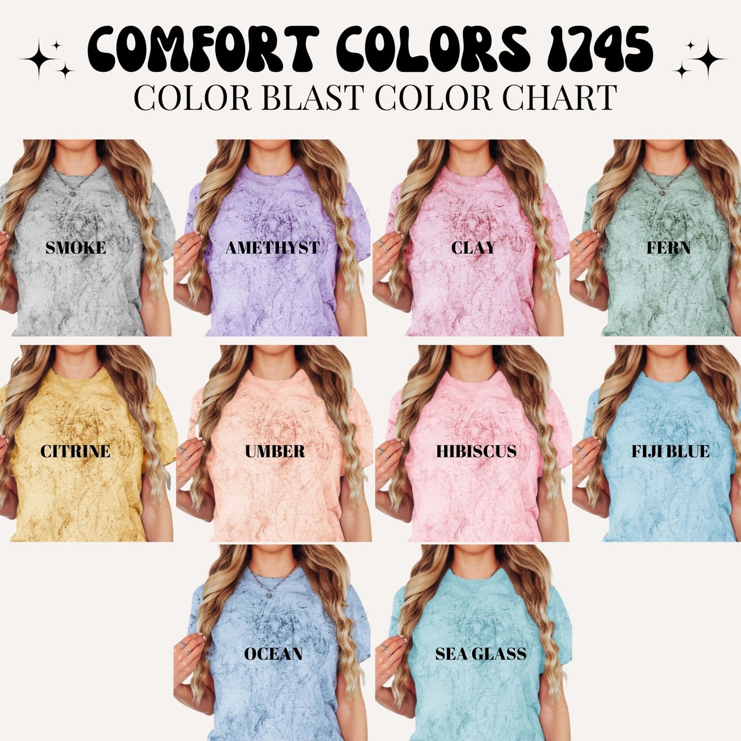 Color chart of Comfort Colors 1745 with various shades and names on shirts.