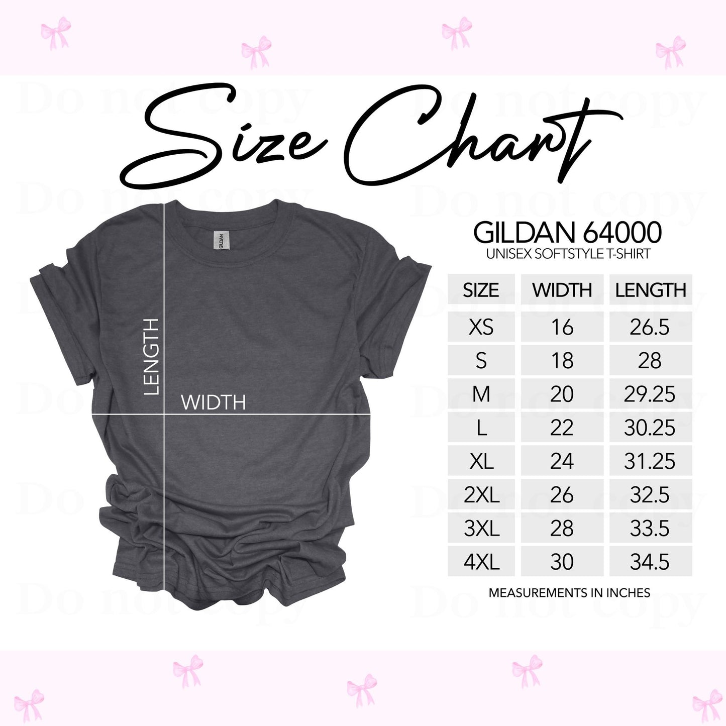 Size chart for Gildan 64000 unisex softstyle t-shirt with a gray t-shirt on a white background.