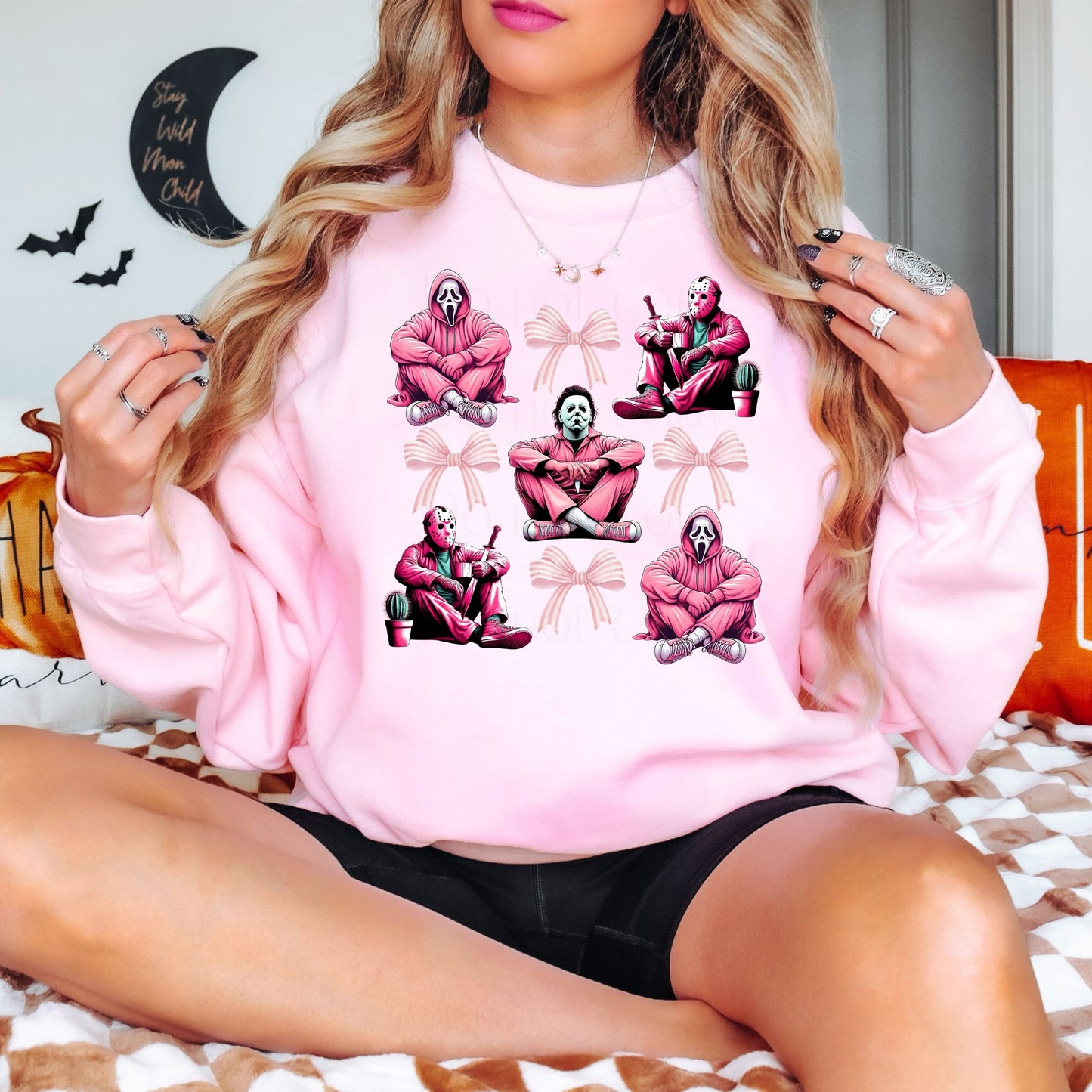 Gildan 18000 light pink horror sweatshirt with pink bows