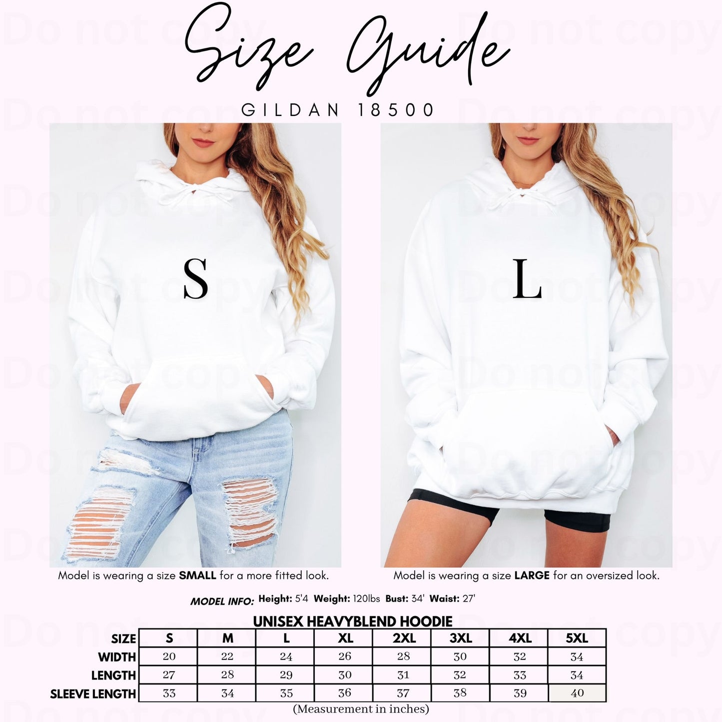 Size guide for a white hoodie with measurements and fitting information.