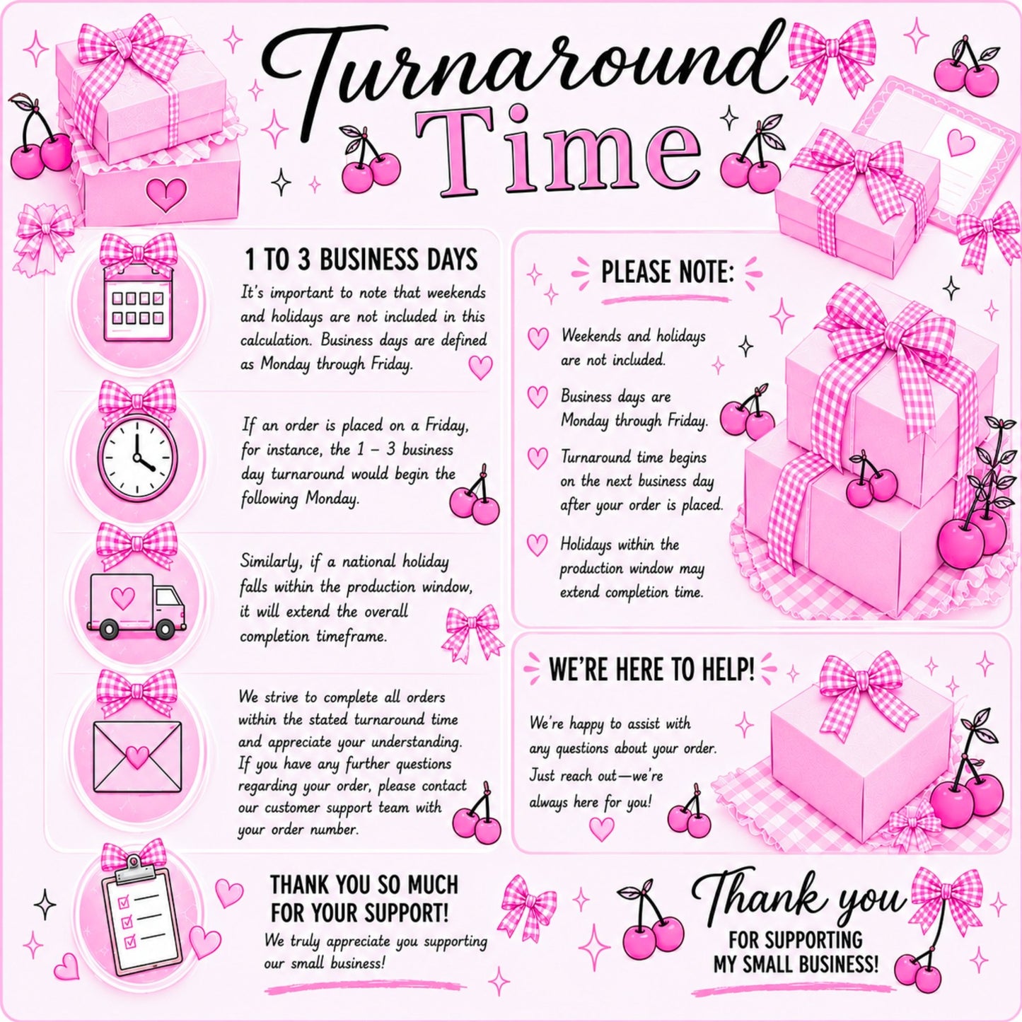 Pink-themed turnaround time information sheet with graphics and text.