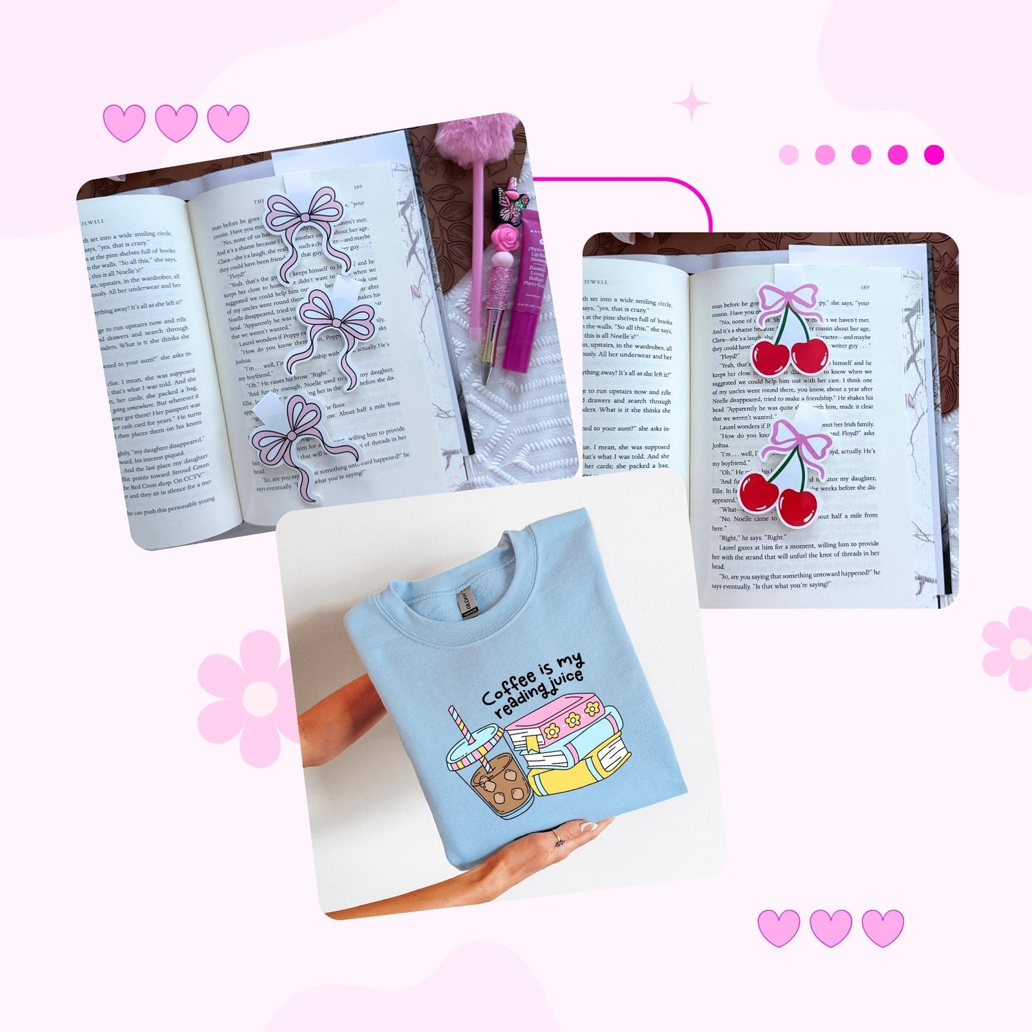 Girly pink coquette bookish accessories including bookmarks, stickers, and Kindle inserts displayed in a soft aesthetic flat lay Bela B and Co