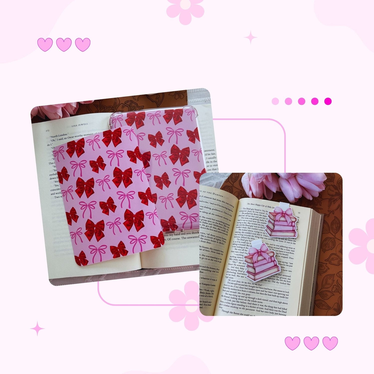 New arrivals collection featuring pink coquette stationery, bookmarks, stickers, and girly apparel