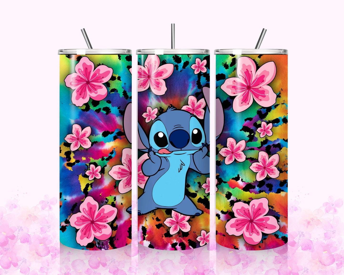 Pink flower tumbler with blue character and metal straw