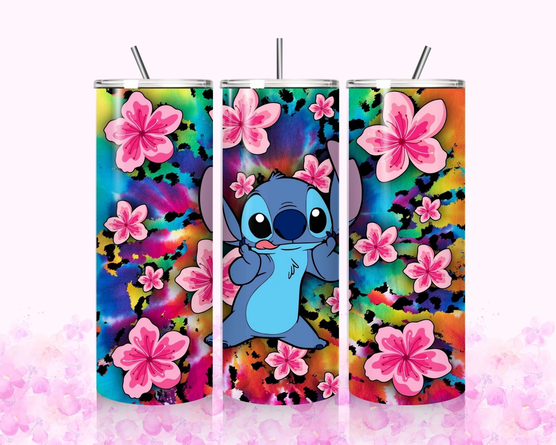 Pink flower tumbler with blue character and metal straw
