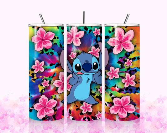 Pink flower tumbler with blue character and metal straw