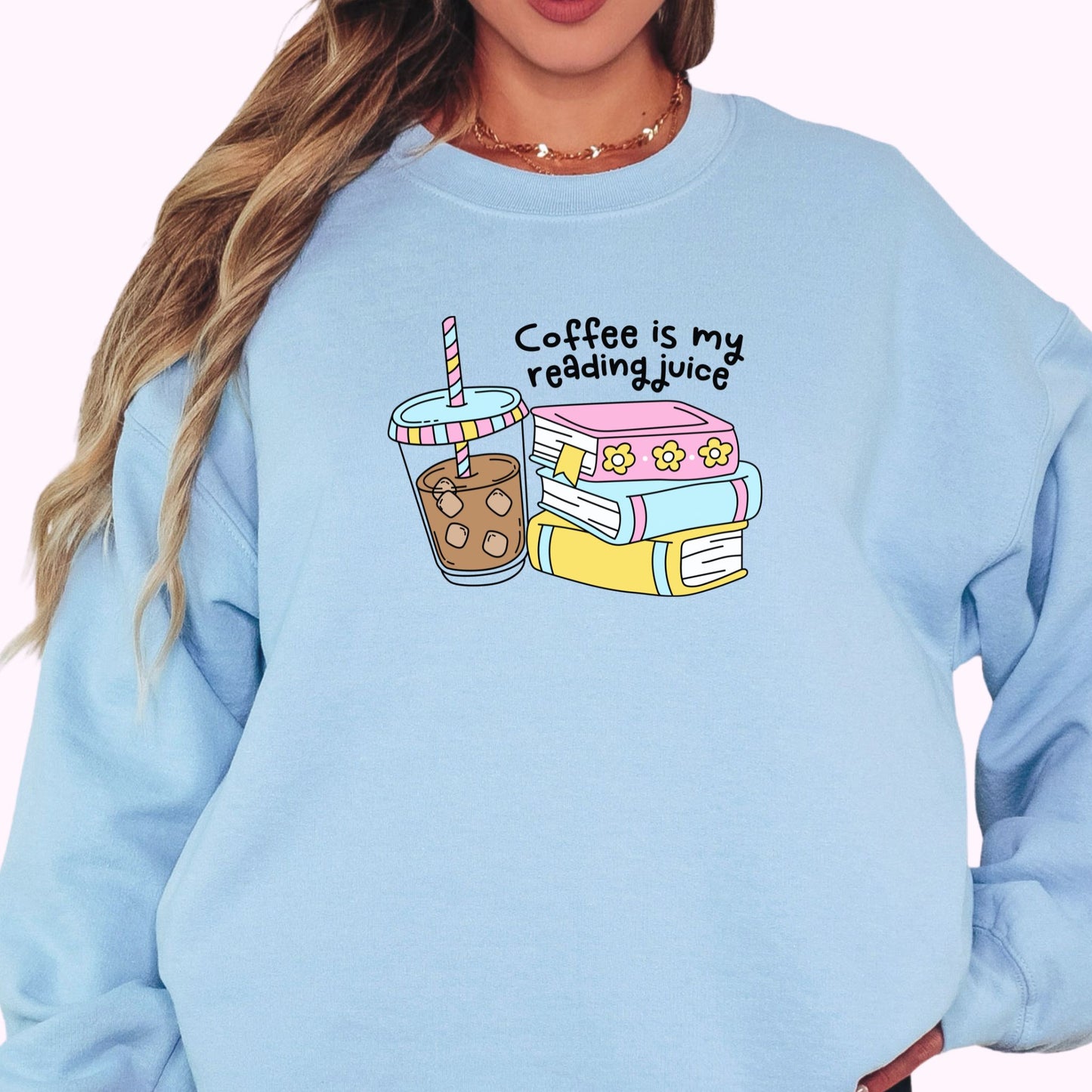 Light blue bookish graphic t-shirt and crewneck sweatshirt with books and iced coffee reading design