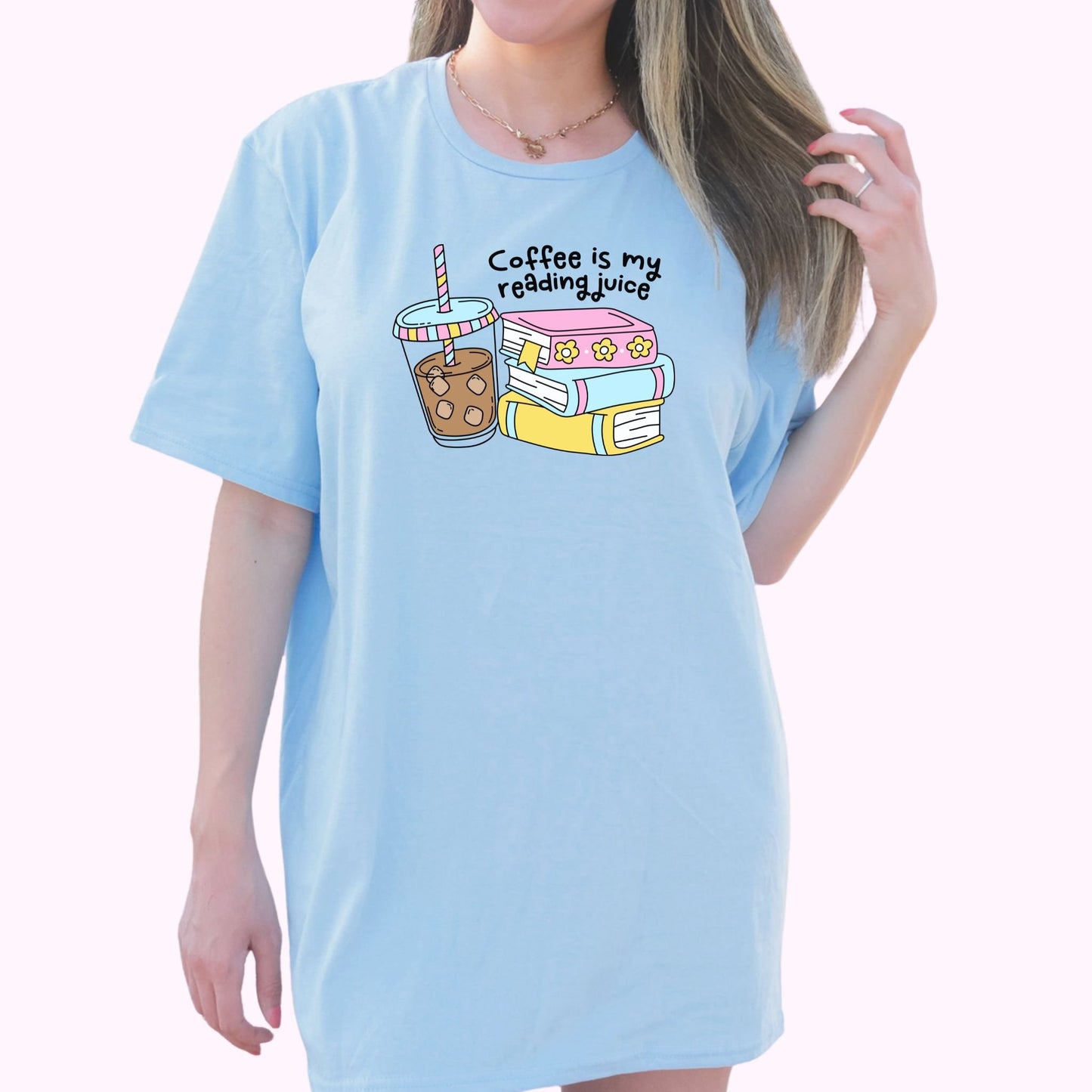 Light blue bookish graphic t-shirt and crewneck sweatshirt with books and iced coffee reading design