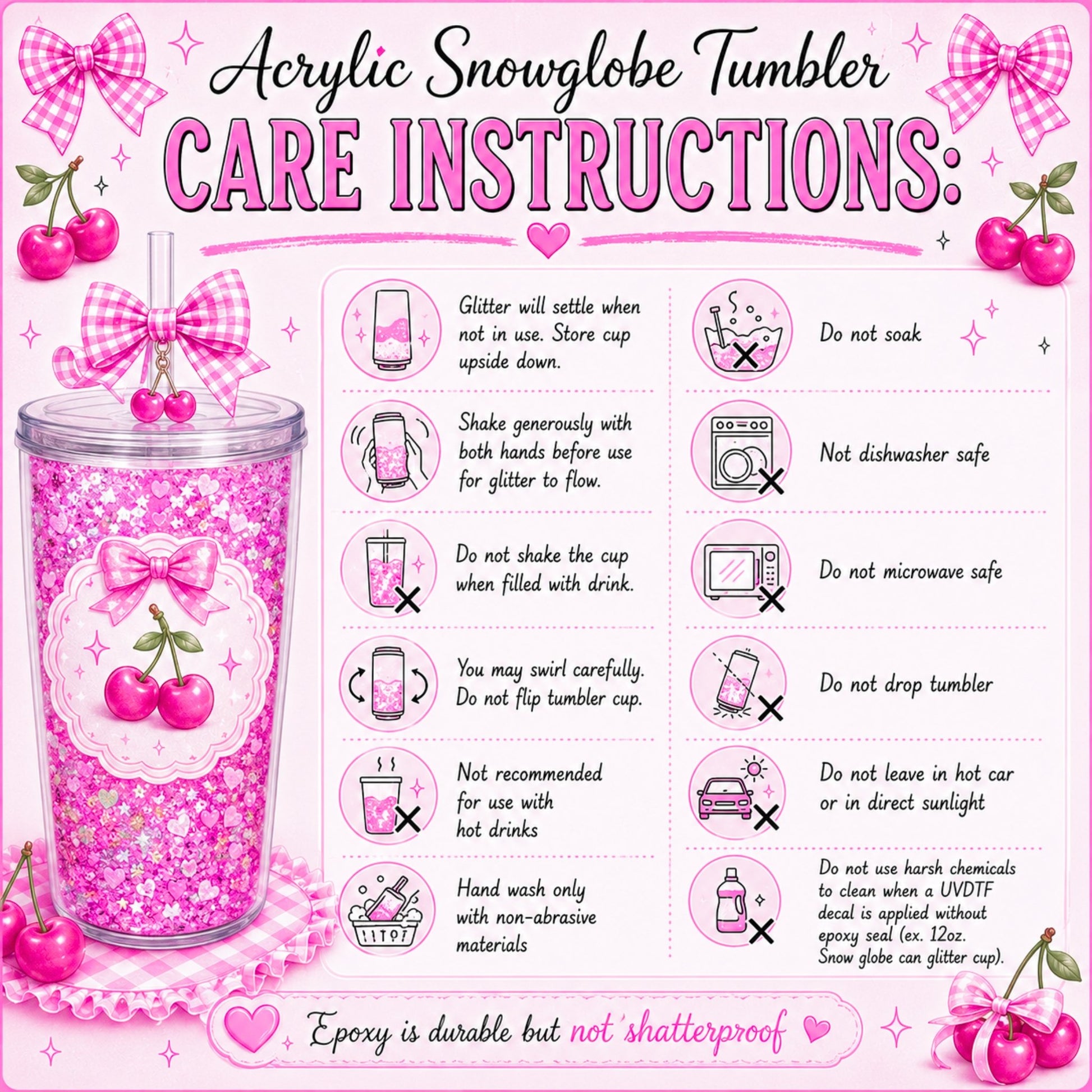 Care instructions for an acrylic snow globe tumbler with a pink design and cherries.