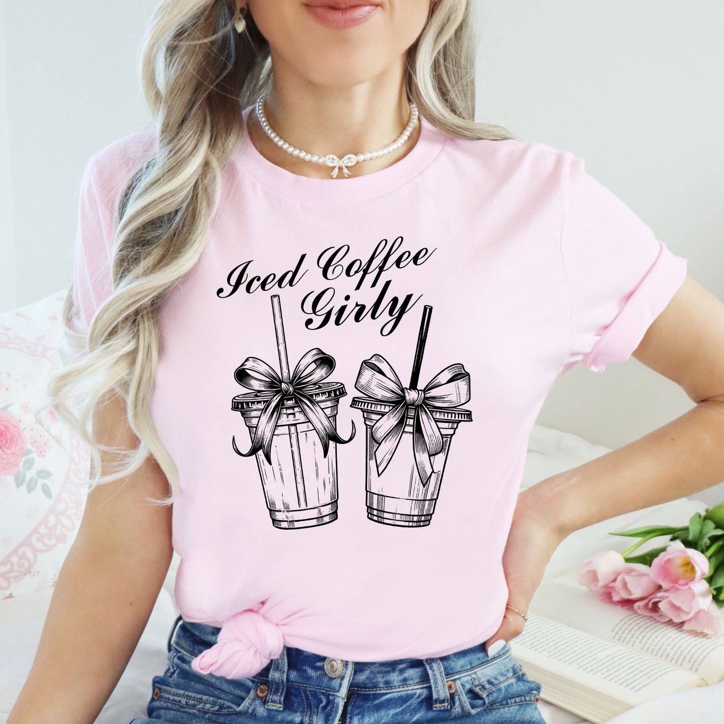 Iced coffee aesthetic shirt with coquette bows