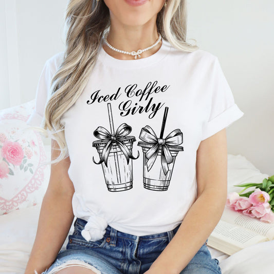 Pink graphic tee with iced coffee illustrations for soft girl aesthetic