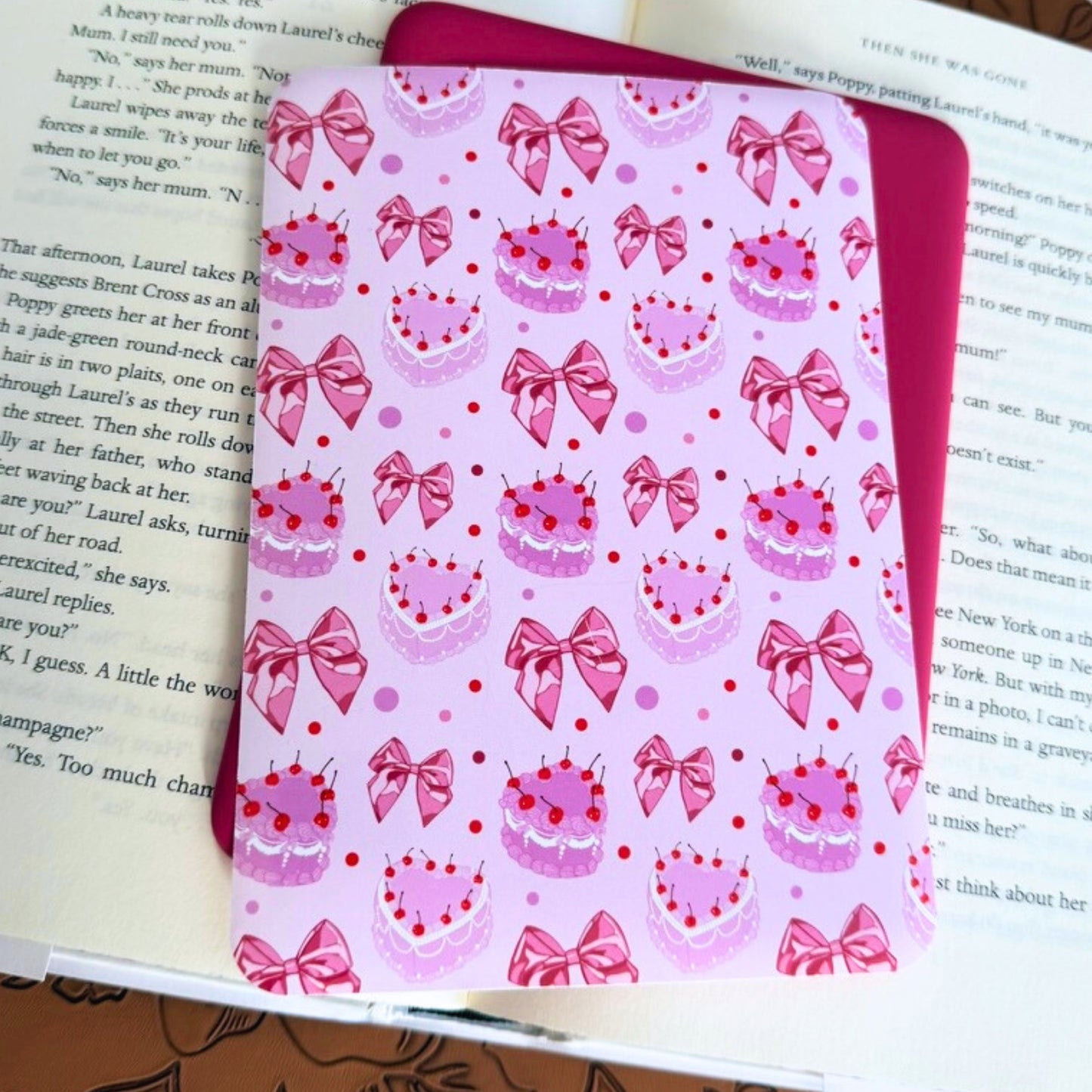 Pink coquette cakes and pink bows Kindle insert with cherry details on light pink background, aesthetic Kindle accessory for readers