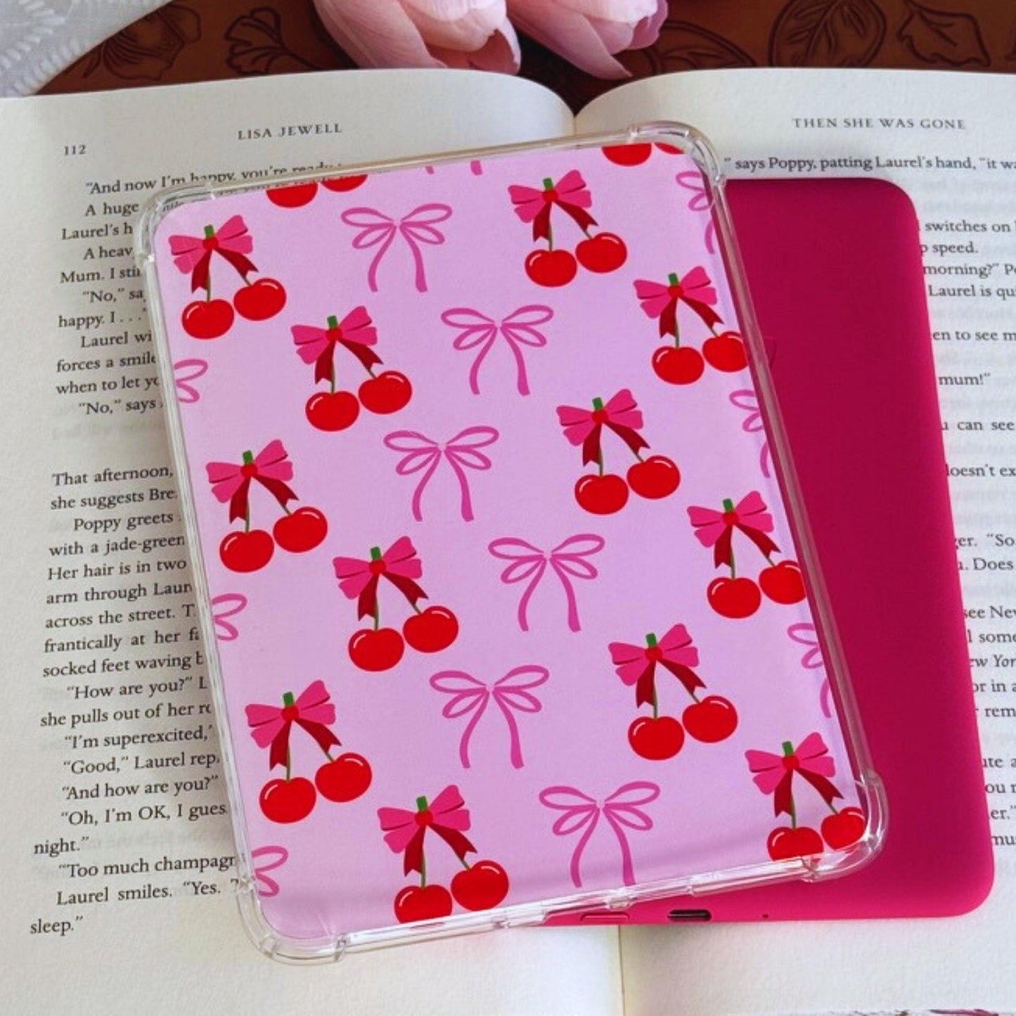 Coquette pink bows and cherries Kindle insert on soft pink background, feminine Kindle decor for Paperwhite generations