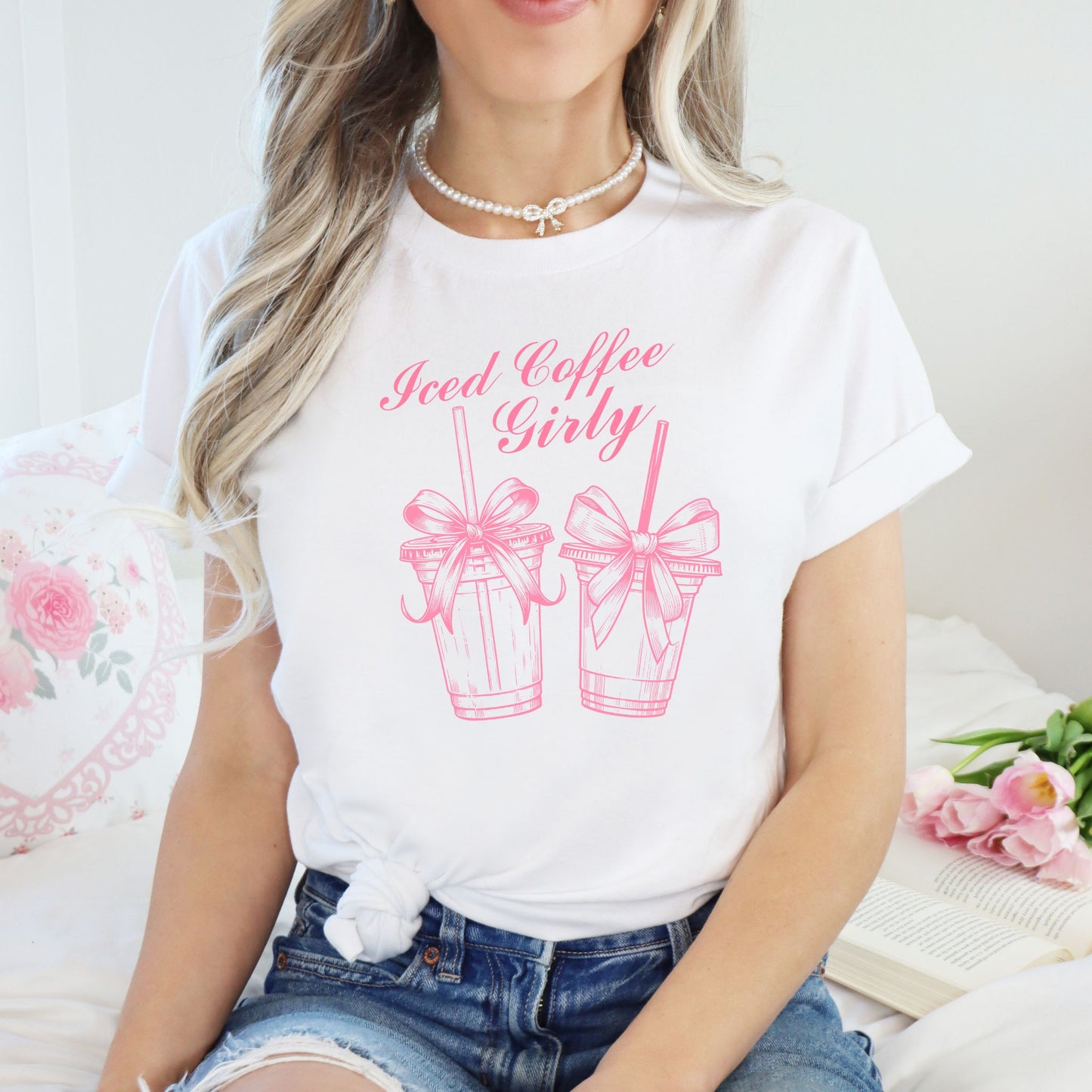 Iced coffee girly aesthetic pink t-shirt with bows coffee illustrations