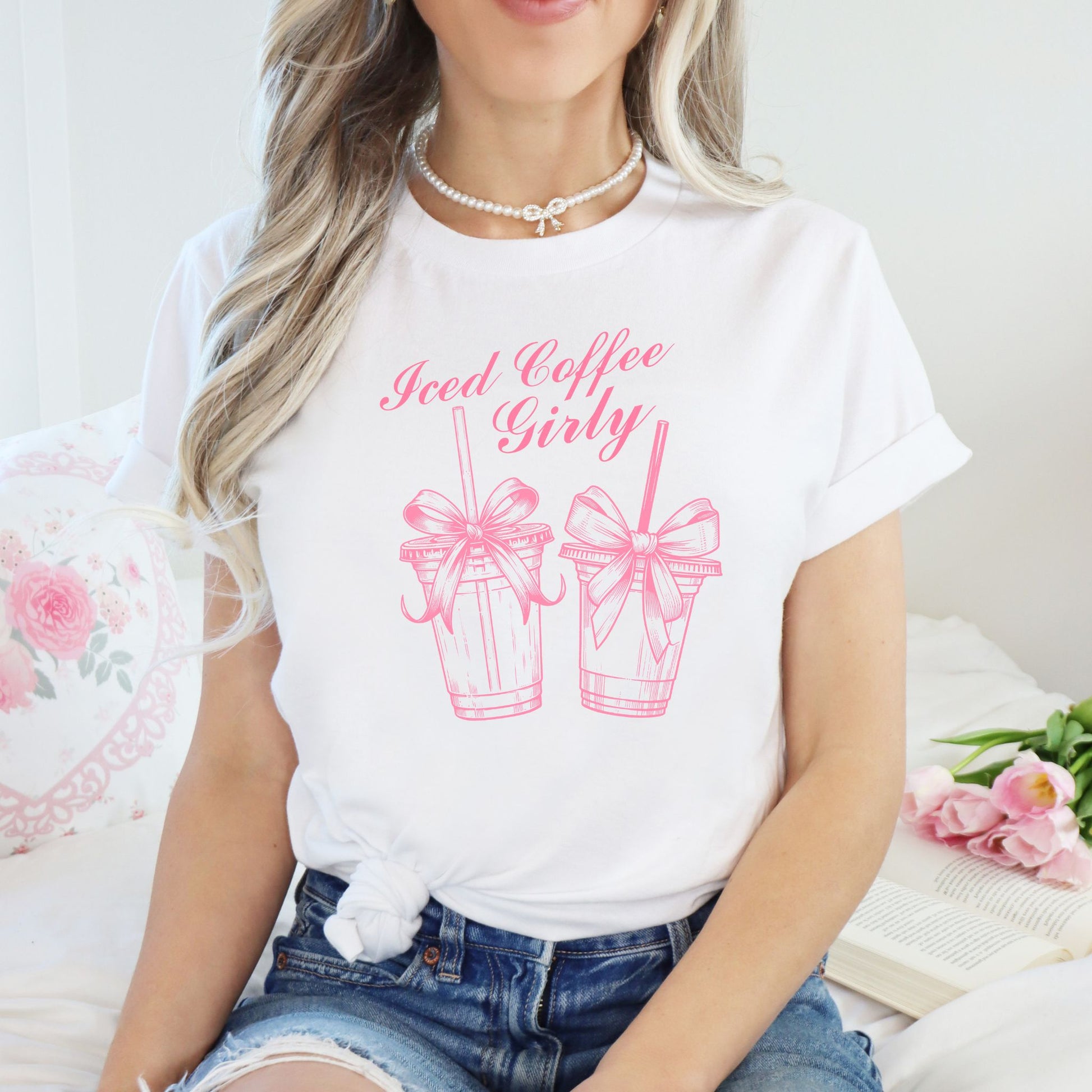 Iced coffee girly aesthetic pink t-shirt with bows coffee illustrations