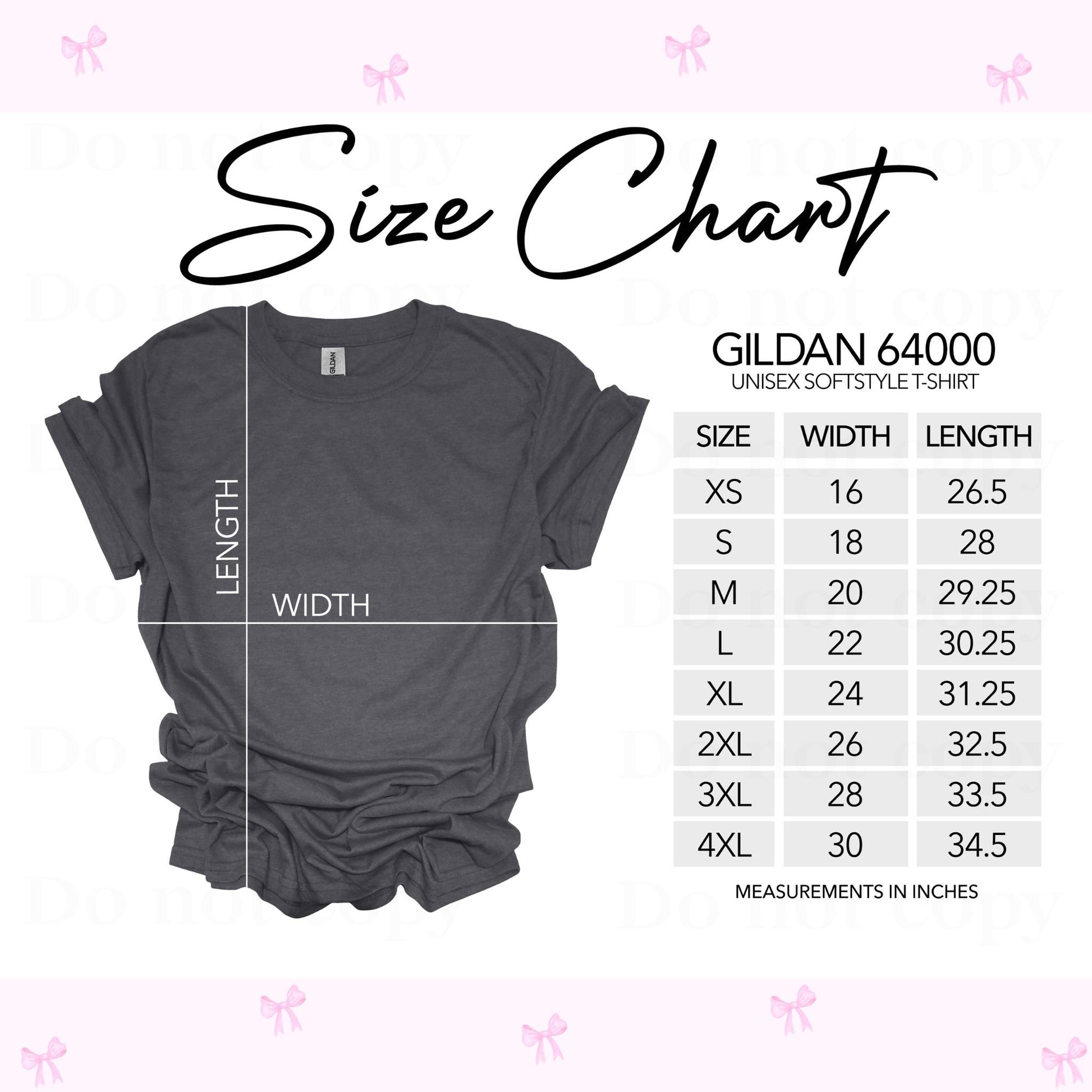 Size chart for Gildan 64000 unisex softstyle t-shirt with a gray t-shirt on a white background.