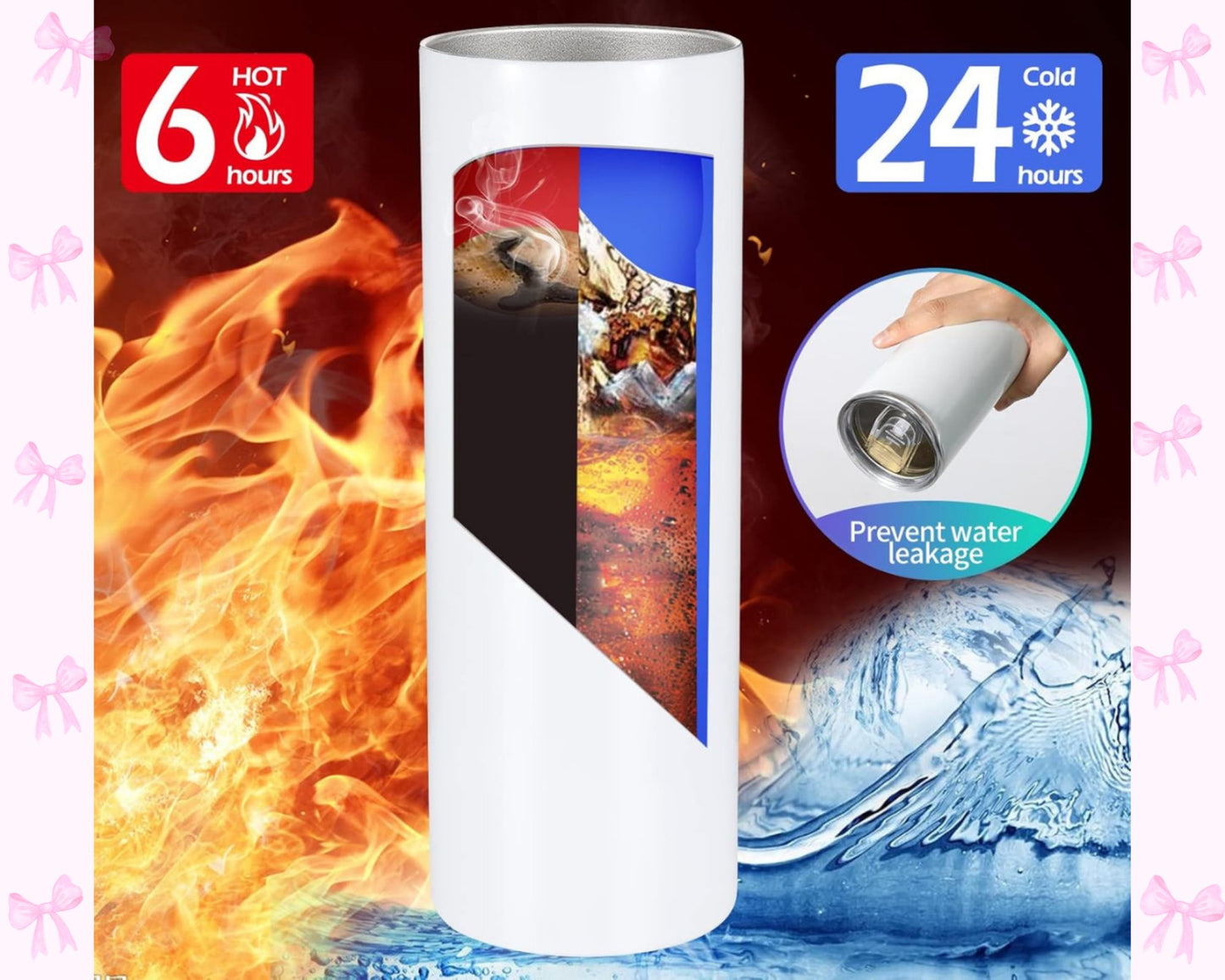 White cylindrical product with temperature control features and images of fire and water on a colorful background.