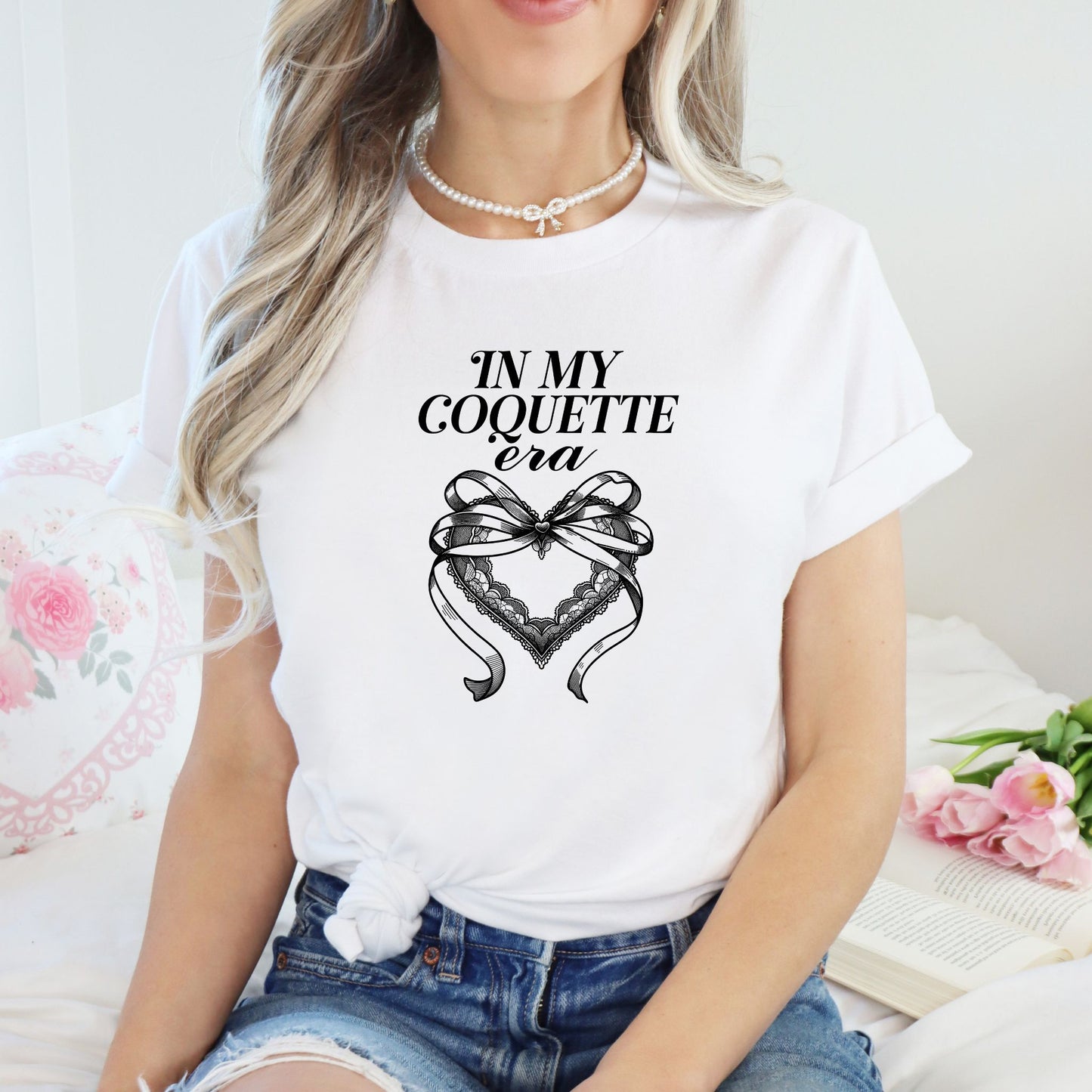In my coquette era 100% white t-shirt bow and heart black print
