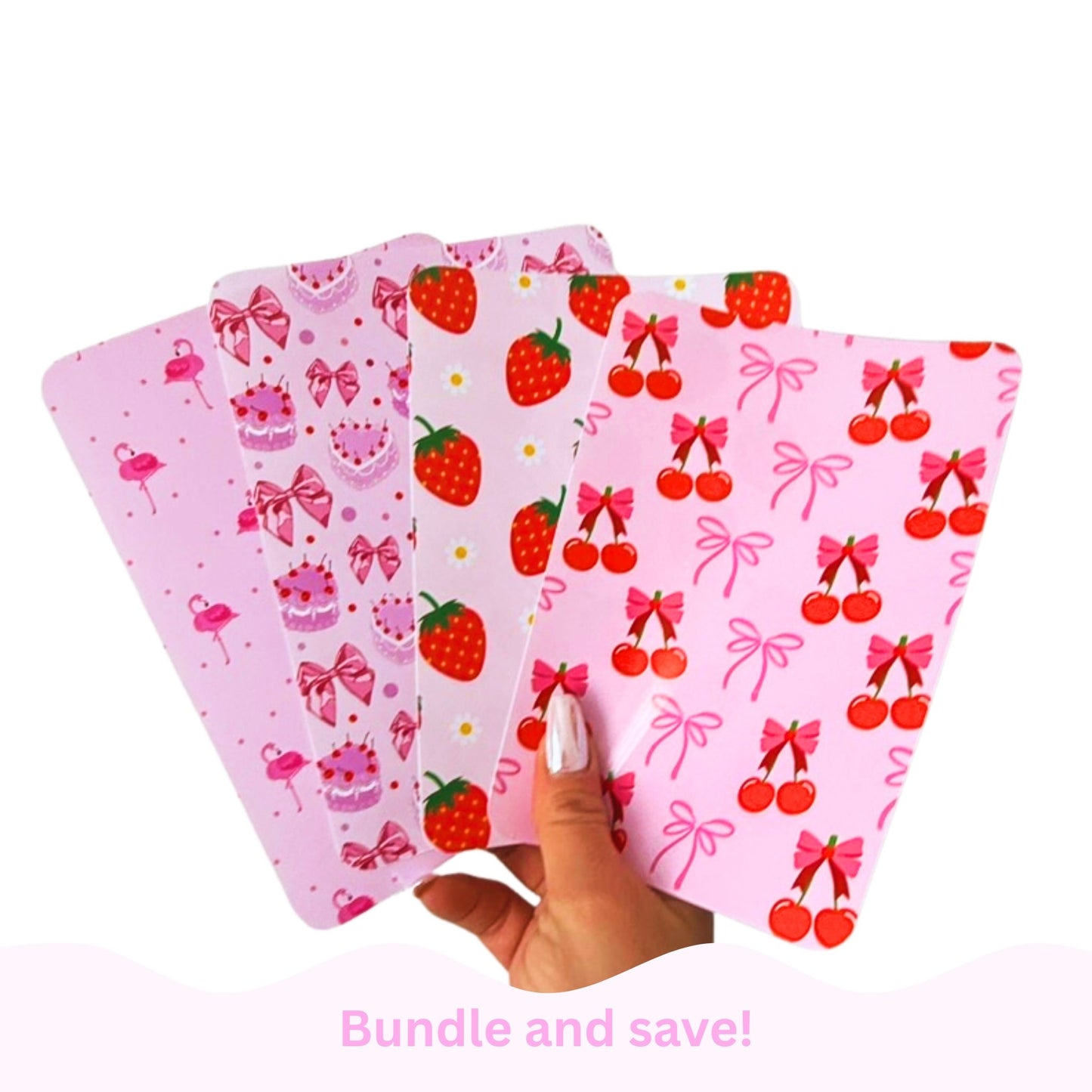 Pink coquette Kindle insert bundle featuring strawberry, penguin, bow and cake designs for Paperwhite and Basic models bundle and save