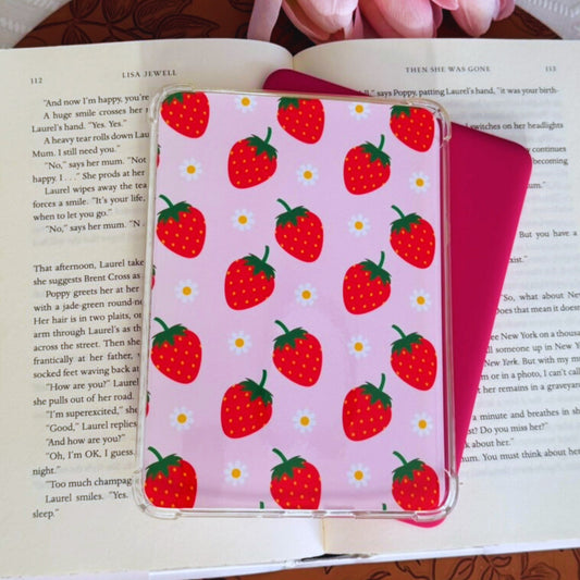 Pink strawberries and white daisies Kindle insert on light pink background, aesthetic coquette decor for Paperwhite and Basic models