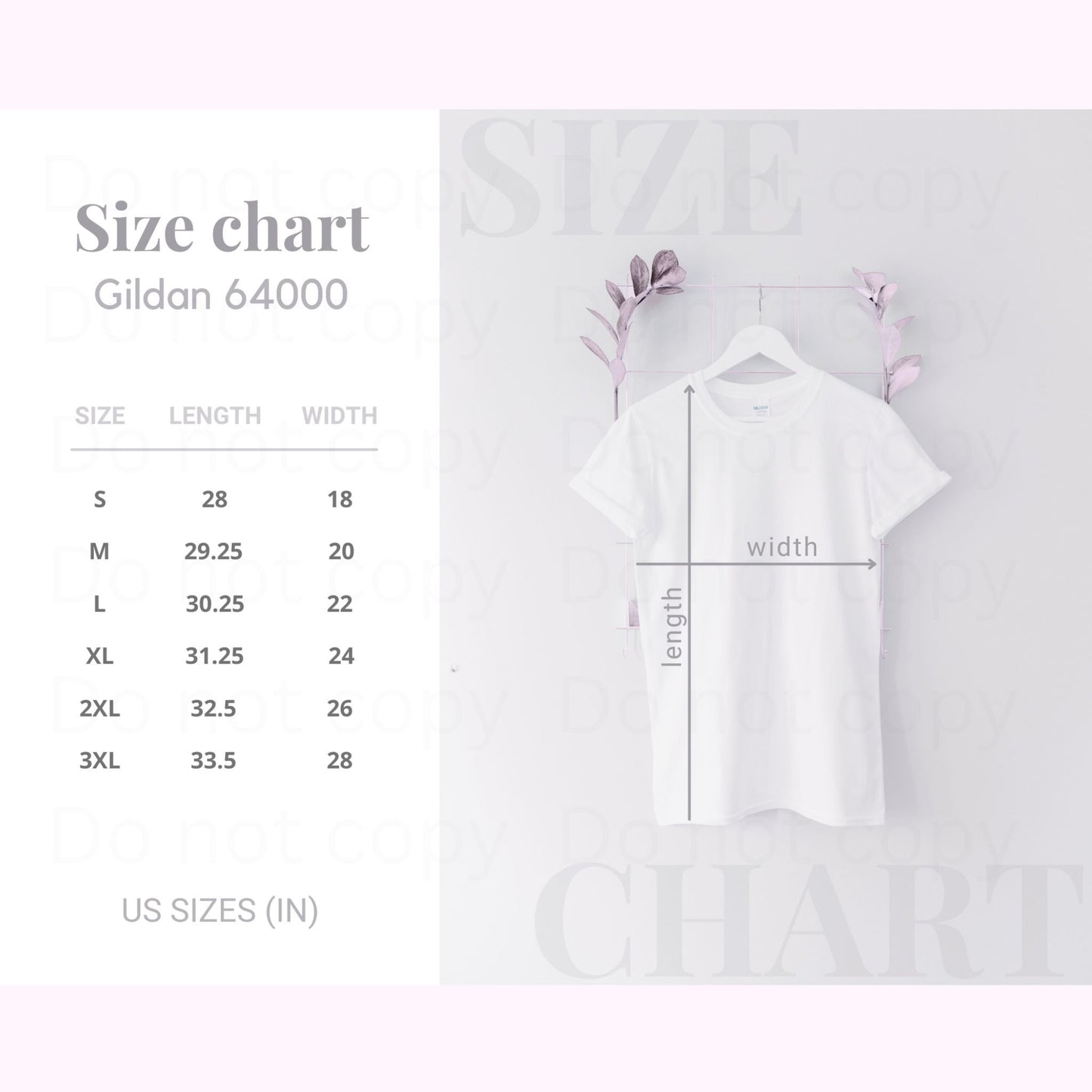 Size chart for Gildan 64000 shirts with a white shirt on a hanger.