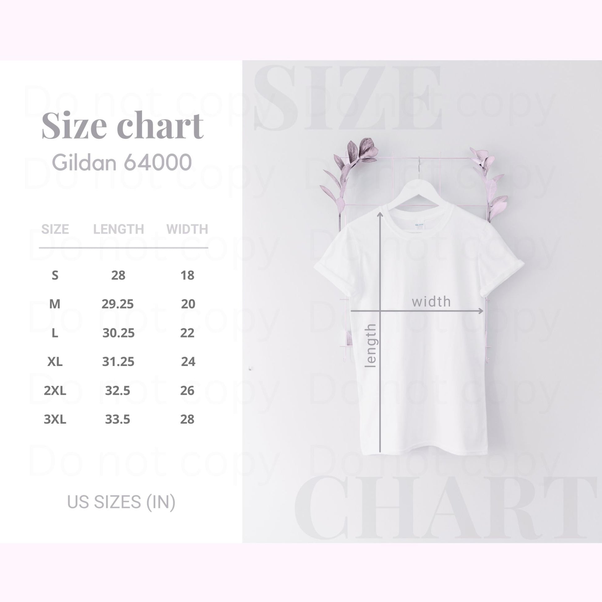 Size chart for Gildan 64000 shirts with a white shirt on a hanger.