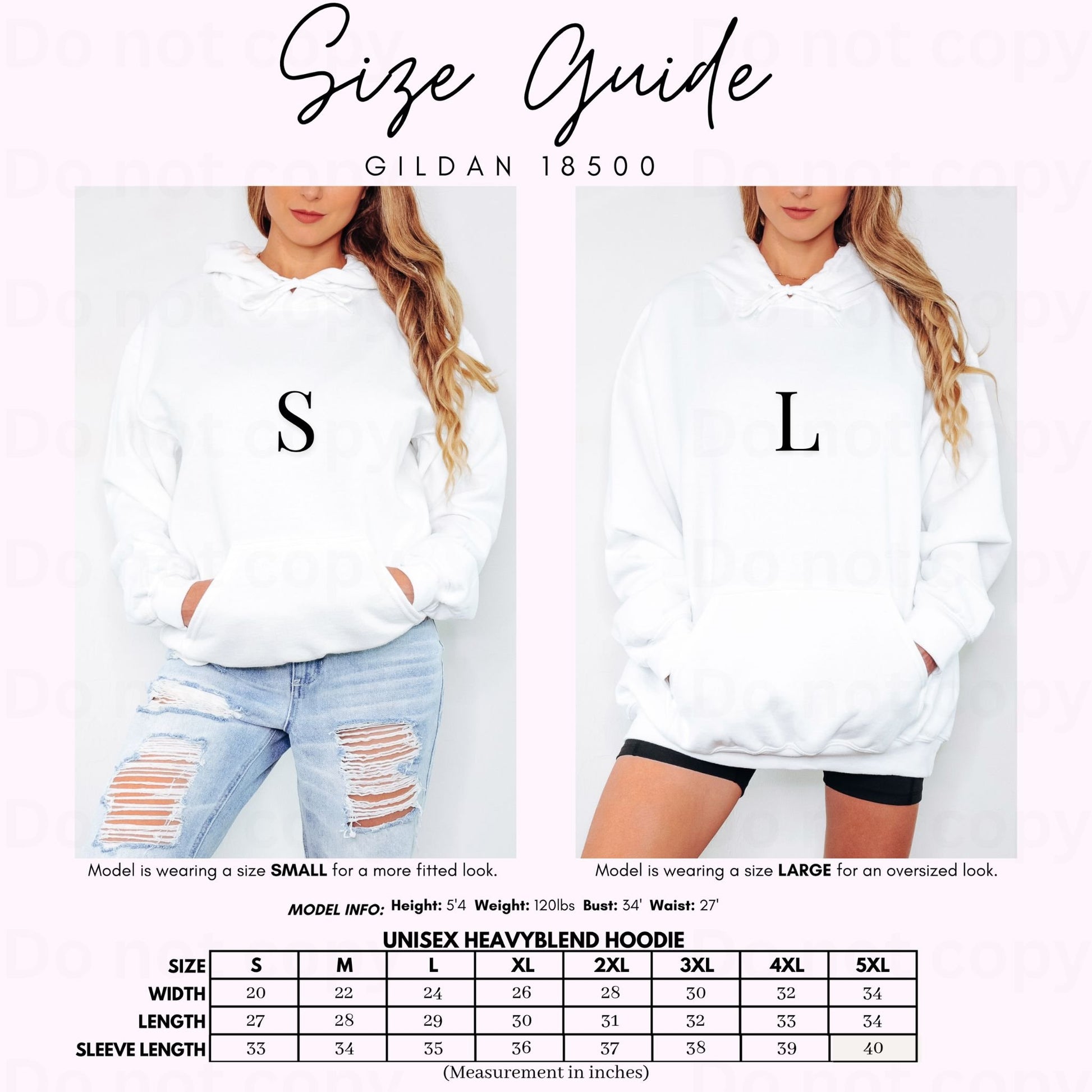 Size guide for a white hoodie with measurements and fitting information.