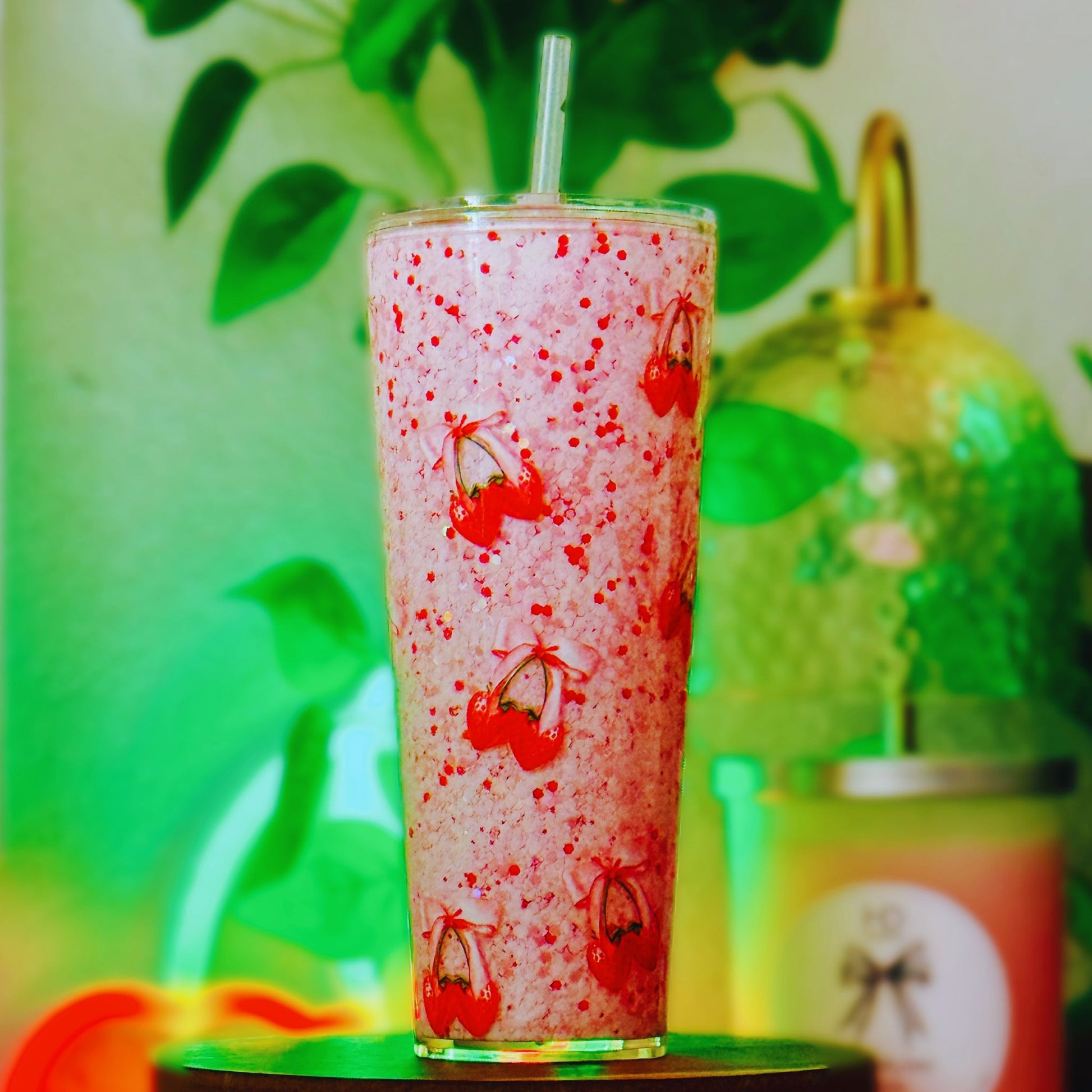 Handmade strawberry and bow glitter snow globe acrylic tumbler with floating pink glitter