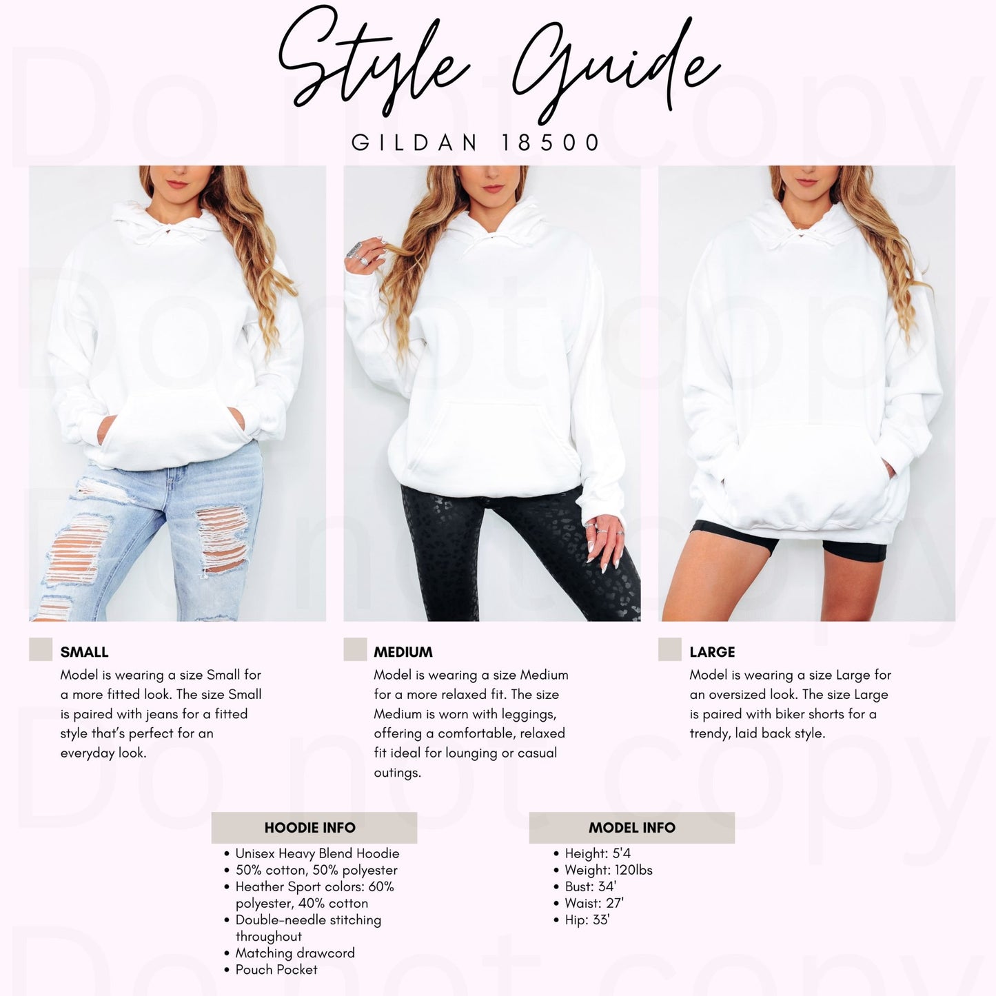Style guide for Gildan 18500 hoodie with model measurements and clothing details.